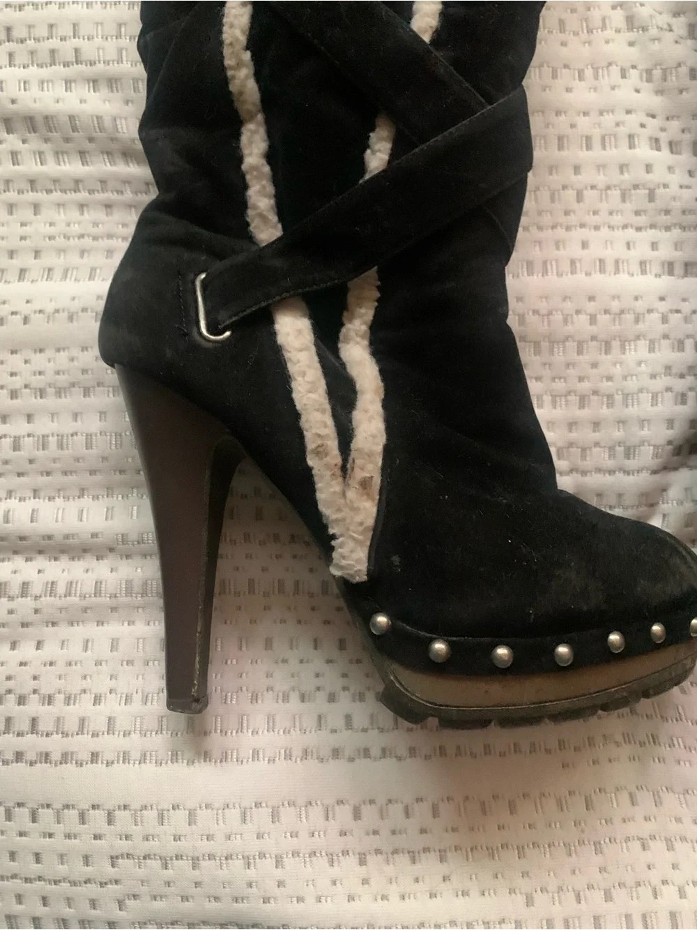 Black Over-the-Knee Suede Boots with Cream Trim and Studded Platform